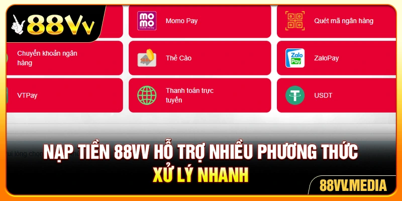 Nạp tiền 88VV hỗ trợ nhiều phương thức, xử lý nhanh